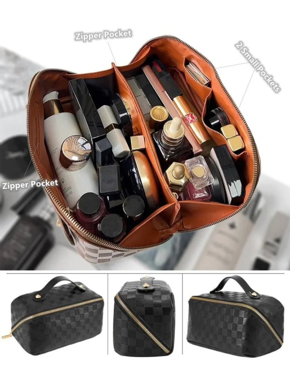 Large Capacity Checkered Makeup Bags Set - Waterproof Cosmetic Organizer Pouch